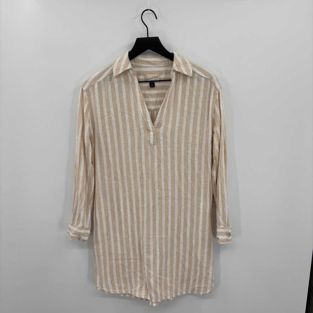 Universal Thread Linen Tunic Dress Womens XS Tan White Striped Vacation Coastal